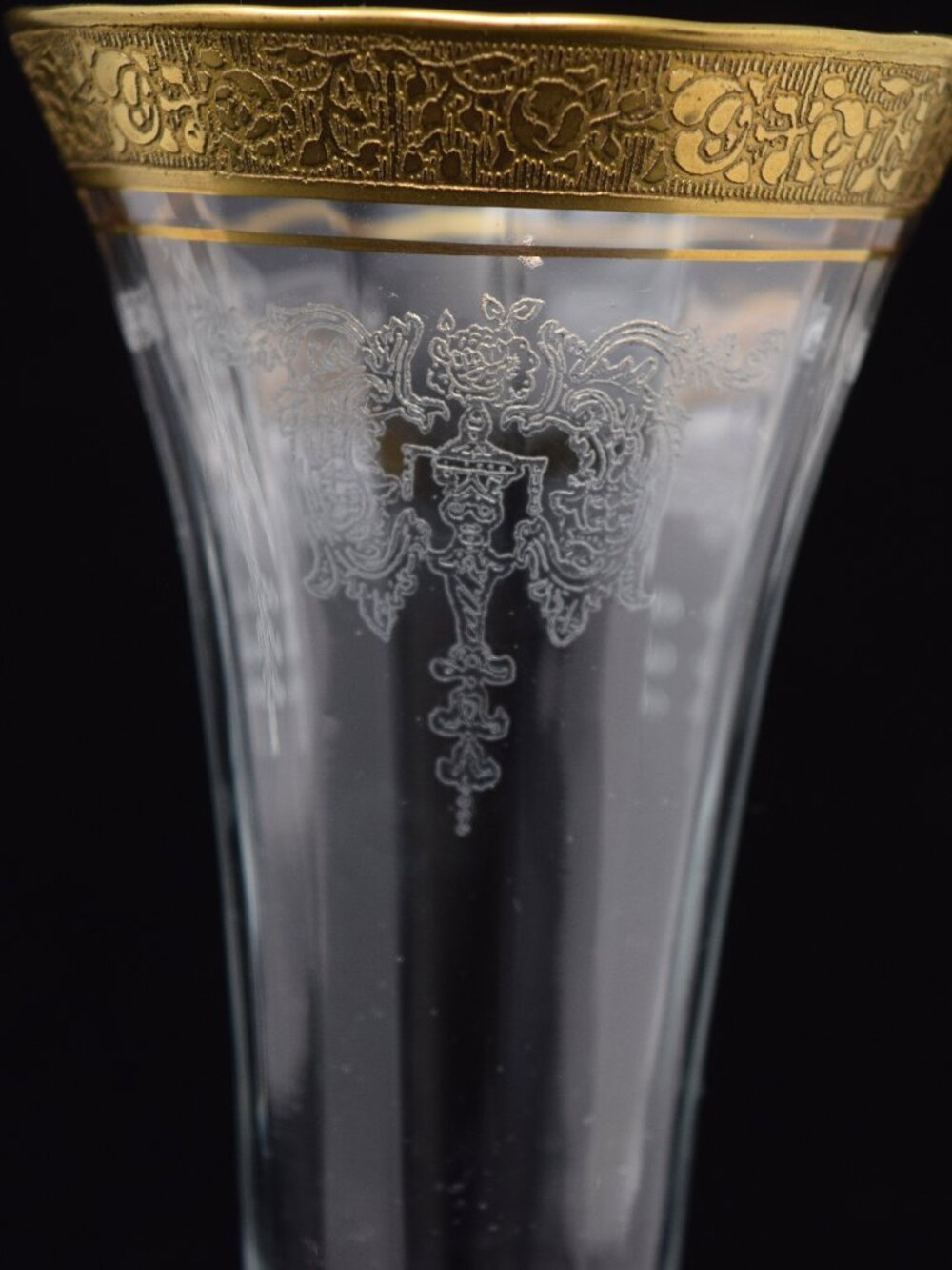 VTG Gold Encrusted Optic Parfait Glass Elegant Etched Floral Regency Holywd Glam